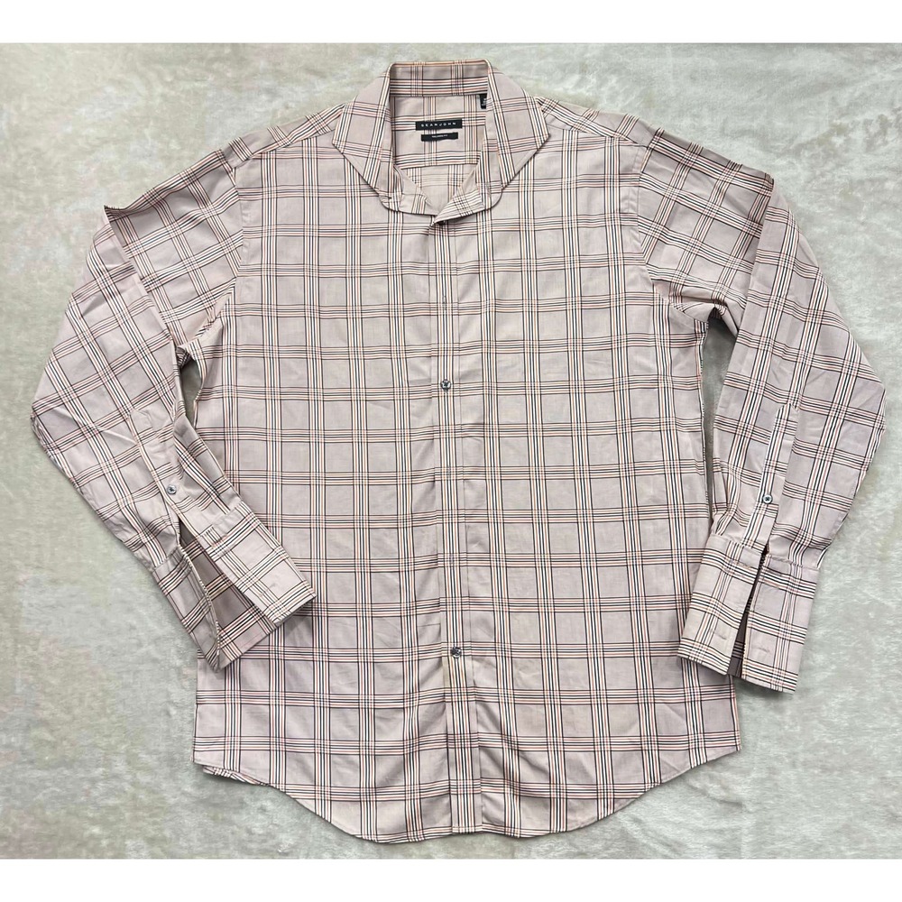 Sean John Mens Tailored Fit Plaid Button Down Shirt Tan Orange Black 16.5 32/33